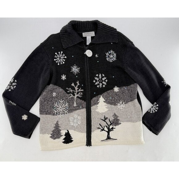 TIARA Winter Wonderland Ramie Blend Sweater Black Cardigan‎ Christmas Snowy Sz L - Picture 1 of 12